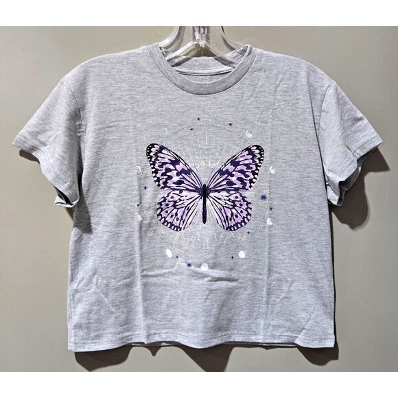 Art Class Heather Gray & Purple Butterfly Print Cropped SS Tee -- Medium 7/8 - Picture 1 of 6